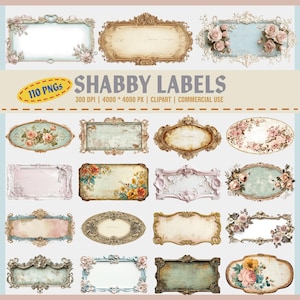Shabby labels clipart, vintage frame png, vintage Victoriaanse lege blanco frames notities, antieke tagbundel, elegante ephemera, digitaal labelpakket