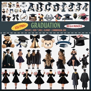 Afstuderen meisjes clipart png-set, afstuderen mans, zwarte jurk meisjes, afgestudeerde poses, pet diploma png, klasse van 2025, bloemen beren, alfabet