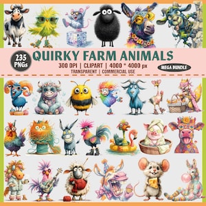Paquete de imágenes prediseñadas de animales de granja peculiares: 235 PNG de divertidos dibujos animados para sublimación, divertidas imágenes de vacas, cerdos, cabras y ovejas, para camisetas y uso comercial.