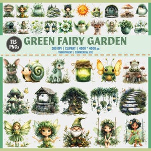 Lot de cliparts Jardin féerique vert – 115 PNG | Aquarelle, fées des forêts, animaux, nain elfe, arbres, champignons | Sublimation de chemise pour enfants,