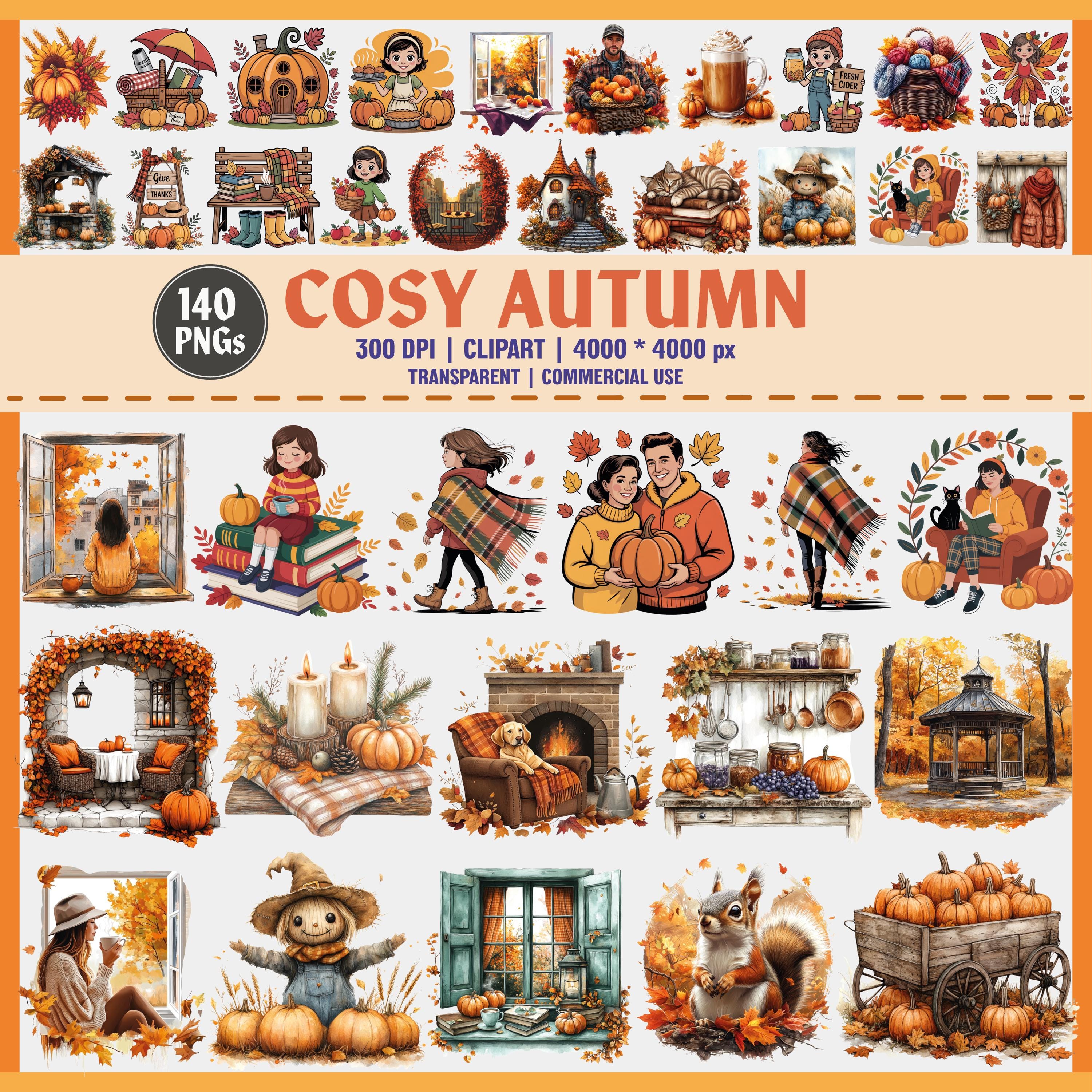 Cosy Autumn Clipart Bundle Fall PNGs, Pumpkin, Cozy Home, Books, Fireplace, Fall Girl, Autumn Art,Watercolor,Instant Download,Commercial use