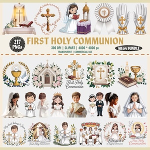 Pacchetto Clipart Prima Comunione / 217 PNG / Elementi Religiosi Cristiani / Bambina e Bambino / Prima Comunione Bambina Bambino Battesimo, 300 DPI,