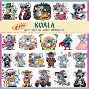 Paquete de imágenes prediseñadas de koalas, lindos koalas PNG, ilustraciones de dibujos animados de koalas, divertidos gráficos de koalas, koalas con gafas de sol, koalas que acampan leyendo música