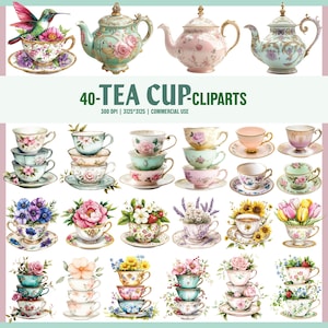 Clipart di tazze da tè floreali, teiera vintage, ora del tè, bundle di clipart PNG ad acquerello, download immediato per uso commerciale, trasparente,