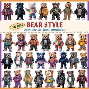 Bear Style Clipart PNG Bundle, Urban Teddy Bear Graphics, Hip Hop Hoodie Bear, Cute Gangsta Bear, Sublimation, Sticker, 142 PNG