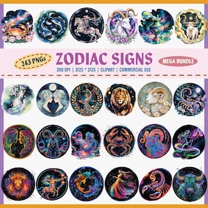 Zodiac Signs Clipart PNG Bundle, Neon Watercolor Zodiac Clip Art, Horoscope Astrology PNG, Celestial Star Signs, 243 Zodiac Illustrations