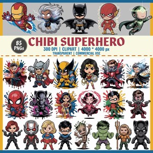 Lot de cliparts super-héros Chibi – 85 PNG | Personnages mignons de super-héros Chibi | Héros comiques mignons | Utilisation commerciale | uvres d'art pour enfants Marvel DC, 300 ppp
