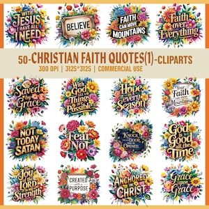 50 christliche Glaube Zitate PNG Clipart Bundle, Blumen Bibel Verse Clipart, christliche inspirierende Sprüche, Aquarell religiöse Sublimation