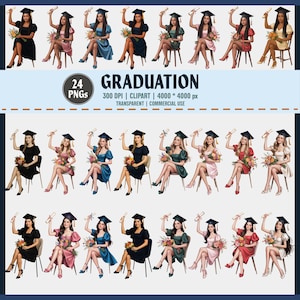 Afstuderen clipart, zwarte vrouw afstuderen PNG, blonde afgestudeerde clipart, elegante afstuderen meisje, donkere huid afgestudeerd, zittende vrouw afgestudeerd