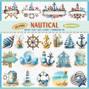 Paquete de imágenes prediseñadas náuticas PNG, imágenes prediseñadas marítimas, imágenes prediseñadas de playa, imágenes prediseñadas de viajes, imágenes prediseñadas de ancla, imágenes prediseñadas de faro, imágenes prediseñadas de velero, decoración del océano,