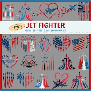 Pacote de clipart PNG de caça a jato, Melhor pai de todos os tempos PNG, Design de coração da Força Aérea dos EUA, Aviões vermelhos, brancos e azuis, Arte de jato militar, Sublimação patriótica