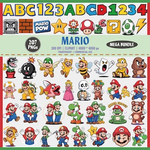Mario Clipart png-bundel | Mario-alfabet en -nummer, png | Leuke personagekunst videogame | Afdrukbare gamer | Digitale downloadset, 300 dpi,