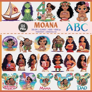 Moana Clipart PNG Bundle | 125 PNG Digital Download | Polynesian Girl Alphabet & Characters | Birthday Party Decor | Commercial Use