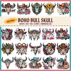 Western boho stier schedel clipartbundel | 110 bloemen westerse koeienschedel, png PNGEgg | Gebloemde cowboyschedelsublimatie | Landelijk cowgirl-printontwerp,