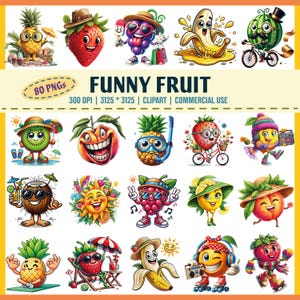 Funny Fruit Clipart Bundle – Cute Summer Fruit Characters | Tropical Cartoon Fruit PNG | 80 Pieces | Sublimation & Craft Use | 300 DPI