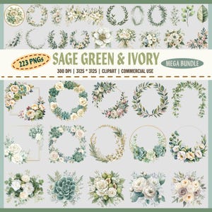 Salbei Grün und Elfenbein Blumen PNG, Clipart, Elfenbein Blumenrahmen PNG, Greenery Bouquet Clipart, Sukkulenten Blumenrand, Boho Hochzeit Grafiken,