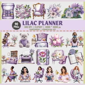 Lilac Planner Clipart Bundle – 90 PNG | Planner girl clipart, Purple Aesthetic Office, Floral Girls, Cozy Decor | Digital Download,