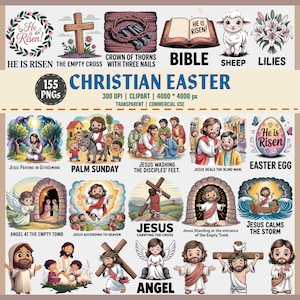 Christelijke paasclipartbundel – Bijbelscènes, png | Jezus opstanding | Leeg graf | Engel | Zondagsschool | Hij is opgestaan, 300 dpi, 155 png