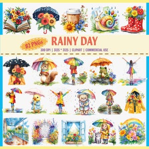 Lot de cliparts jour de pluie | 82 PNG Aquarelle Printemps Arc-en-ciel Fleurs Animaux Parapluie Enfants | Utilisation commerciale | Jolies bottes de pluie, ours, grenouille,