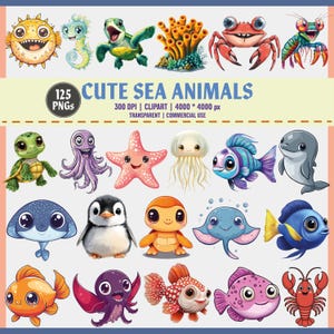 Paquete de imágenes prediseñadas de animales marinos lindos / 125 PNG / Animales lindos del océano / Criaturas marinas / Animales submarinos / Sublimación de camisetas / Imágenes prediseñadas para niños,