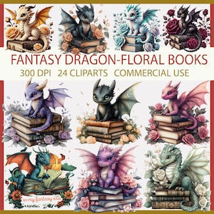 Conjunto de imágenes prediseñadas de dragones de fantasía, dragones adorables con libros y flores, dragón con libro floral PNG, 24 imágenes prediseñadas de fantasía, uso comercial, 300 DPI