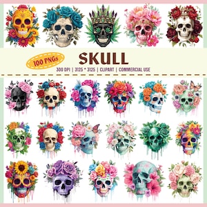 Blumen Schädel Clipart Bundle, Zucker Schädel PNG, Aquarell Schädel Sublimation, Schädel mit Blumen PNG, Halloween Schädel Clipart, kommerzielle Nutzung,