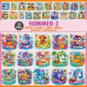 SUMMER Clipart Png, Sommer Tiere Clipart Bundle - 35 PNGs | Niedliche tropische Strandfiguren | Delfin, Einhorn, Oktopus | Kommerzielle Nutzung