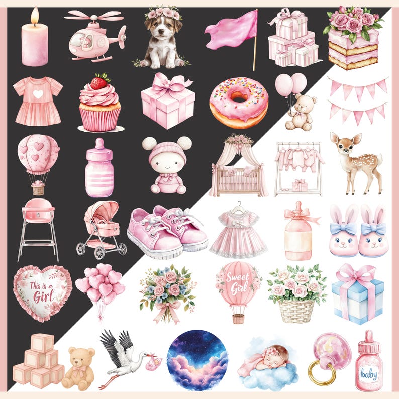 Pink Baby Shower Clipart Bundle – 170 PNG, Sweet Girl Nursery Decor ...