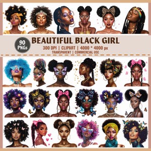 Pacote com 90 lindos clipart de garotas negras, gráficos de garotas afro, rainha da melanina com cabelo grande PNG, arte mágica de garotas negras, moda feminina PNG