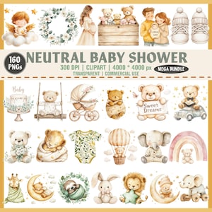 Neutral Baby Shower Clipart Bundle, 160 PNG, Beige Baby Animals, Watercolor Baby Shower, Nursery Decor, Commercial Use, 300 DPI, Png,