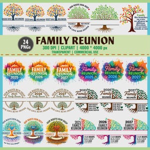 Familiereünie clipartbundel | 24 png-stamboomontwerpen | Onze wortels gaan diep | Clipart reünie 2025 2026 2027