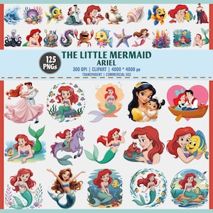 Ariel zeemeermin digitale clipartset – de kleine zeemeermin png-clipartbundel, Disney Princess Underwater-illustraties voor T-shirts, scrapbooking,