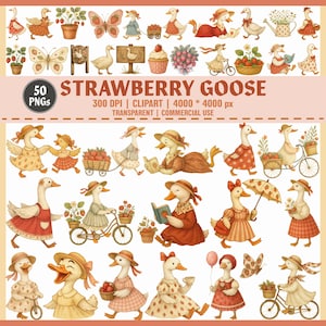 Bundle de clipart vintage fraise oie, 50 PNG, oie mignonne avec des baies et des fleurs, ensemble d'illustrations animales Cottagecore