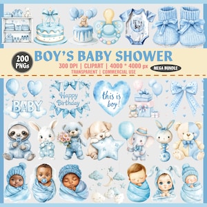 Boy&#39;s Baby Shower Clipart, 200 PNG, Blue babyshower png, Baby Animals, Newborn Boys, Watercolor Baby Shower Graphics, Comercial use,