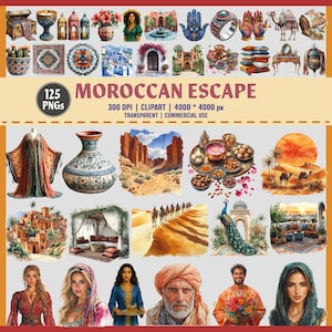 Lot de cliparts marocains à l'aquarelle | 125 images PNG | Images clipart Moyen-Orient, femme bohème du désert, chameau, tajine, marché | Utilisation commerciale transparente,