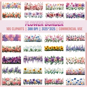 Bordas de flores em aquarela, 105 PNG clipart de bordas florais, pacote PNG sem costura para sublimação e artesanato, clip art de flores silvestres, moldura de flores silvestres