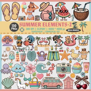 Summer Clipart Bundle – 150 PNGs | Summer love clipart, travel holidays clip art, tropical flamingo draw, Beach, Travel, Cute Animals, Fruit