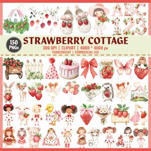 Bundle de cliparts printanier aux fraises - plus de 150 PNG, jolies filles et animaux, ferme rustique, usage commercial, téléchargement numérique, art de conte de fées
