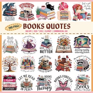 Boeken citaten png-bundel, lezing clipart, leesgrage sublimatie, grappig boek SVG, bibliotheek png, boekenliefhebber stickers, 190 bestanden