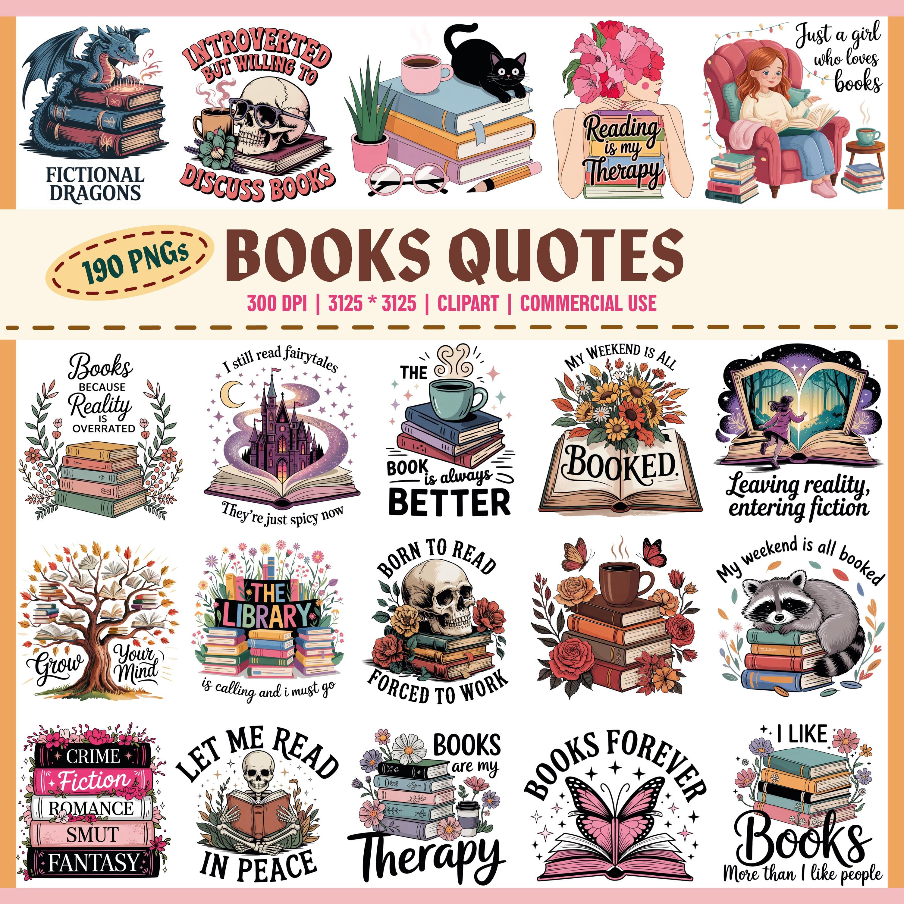 Paquete de citas de libros PNG, imágenes prediseñadas de lectura, sublimación de libros, SVG de libros divertidos, PNG de biblioteca, pegatinas para amantes de los libros, 190 archivos