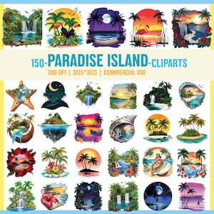 Bundle de cliparts Paradise Island, 150 Tropical Paradise Island plage coucher de soleil PNG, palmier flamant rose Hibiscus, sublimation d'été, usage commercial