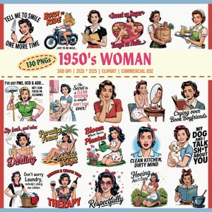 Clipart femmes vintage des années 1950 png, 130 Retro Housewife Png Bundle, maman impertinente, femmes rétro, femmes sarcastiques, clipart, téléchargement, utilisation commerciale,