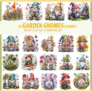 Watercolor Garden Gnomes Collection Clipart, Gnomes PNG, Cute Watercolor Gnomes with Flowers, Spring Gnome Bundle, Commercial Use