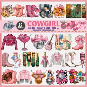 Clipart cow-girl | Cowgirl disco PNG | Bachelorette cow-girl | PNG occidentale | Cowgirl rose | Fille de rodéo | 30 PNG, usage commercial, 300 Dpı,