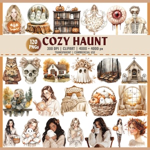 Cozy Haunt Halloween Clipart Bundle 120 PNGs Autumn Ghosts Pumpkins Witches Vintage Fall Aesthetic Spooky Cute Illustrations