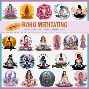 Boho mediteren vrouw clipart, yoga png bundel, spiritueel meisje kunst, silhouet meditatie set, sublimatie png's, lotus pose graphics