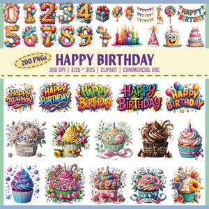 Aquarelle joyeux anniversaire Clipart, clipart cupcake anniversaire, PNG, PNG de fête d'anniversaire, Invitations d'anniversaire, téléchargement numérique, usage Commercial