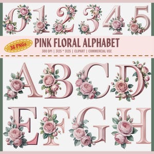 Alphabet floral rose PNG, Clipart monogramme Rose aquarelle, lettres de A à Z, 0-9 chiffres, initiales pastel, police de caractères pour mariage, police de caractères Blush, usage commercial