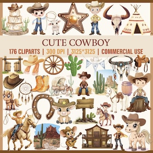 Acuarela de vaquero lindo PNG clipart, bebé vaquero PNG, decoración de baby shower del lejano oeste, cactus, silla de montar, botas, lindo clipart del oeste, clipart del desierto