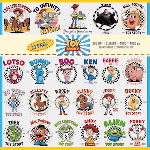Bundle de cliparts Toy Story, personnages PNG de Toy Story, conception de chemise Disney, Jessie Buzz Woody, Alien Forky Bo Peep, usage commercial, Transparent